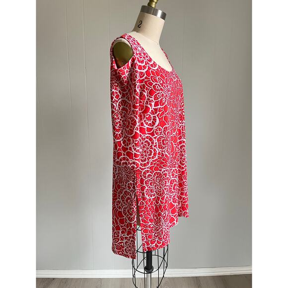 Clara Sunwoo Pink Stretchy Cold Shoulder Tunic Top XS Floral Geometric Long Line - Picture 4 of 16